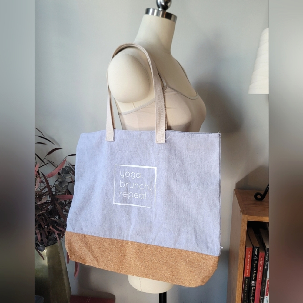 "Yoga, Brunch, Repeat" Tote Bag Blue Beige